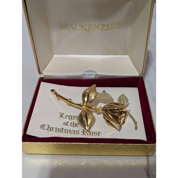 Mackenzie Vintage Women's Gold Christmas Rose Floral Pin In Box With Poem - Picture 5 of 7